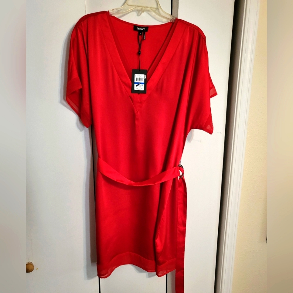 DKNY Red V-Neck Short Sleeve Dress NWT